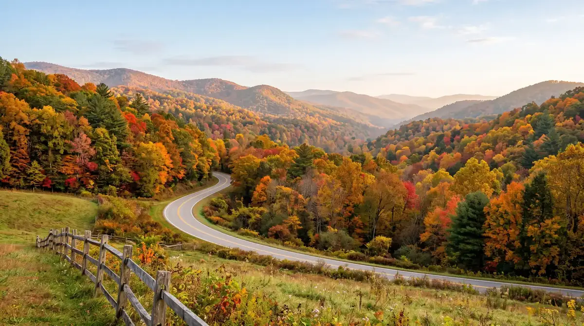 Two-lane country road curving through forested foothills in red, orange, and gold fall color
