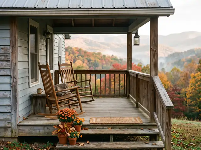 Covered front porch with two wooden rocking chairs and potted mums, looking out over misty autumn hills
