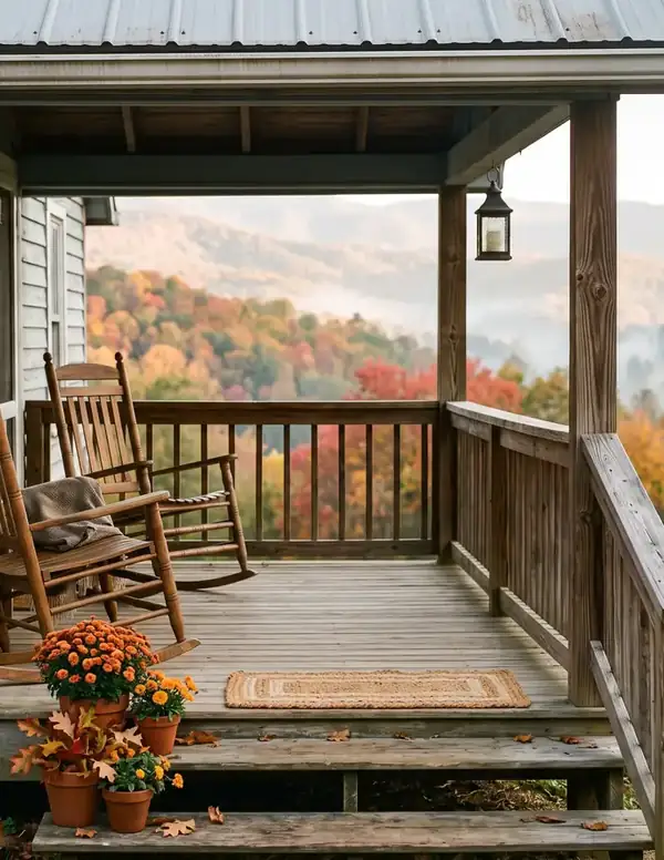 Covered front porch with wooden rocking chairs and potted mums, looking out over misty autumn hills