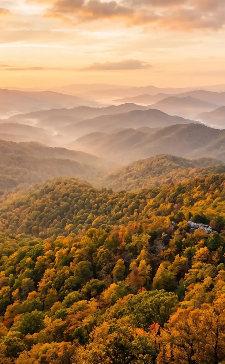 Golden-hour light over layered, forested mountain ridges in autumn color