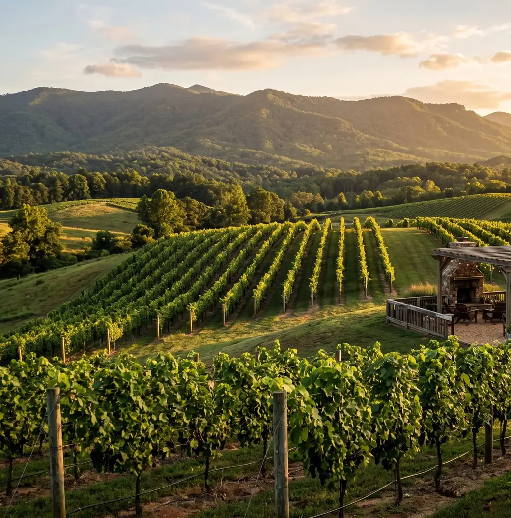 Rows of grapevines on rolling hills below layered mountain ridges at golden hour