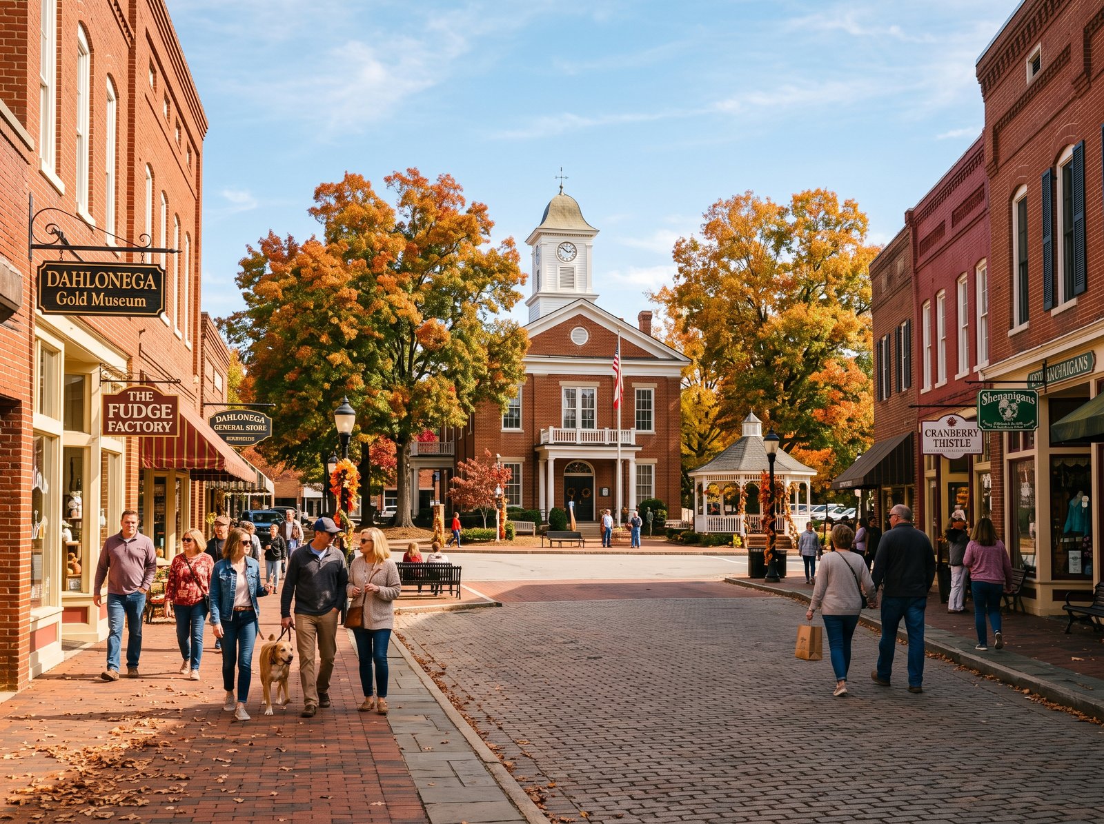 Historic downtown Dahlonega, Georgia town square with brick storefronts
