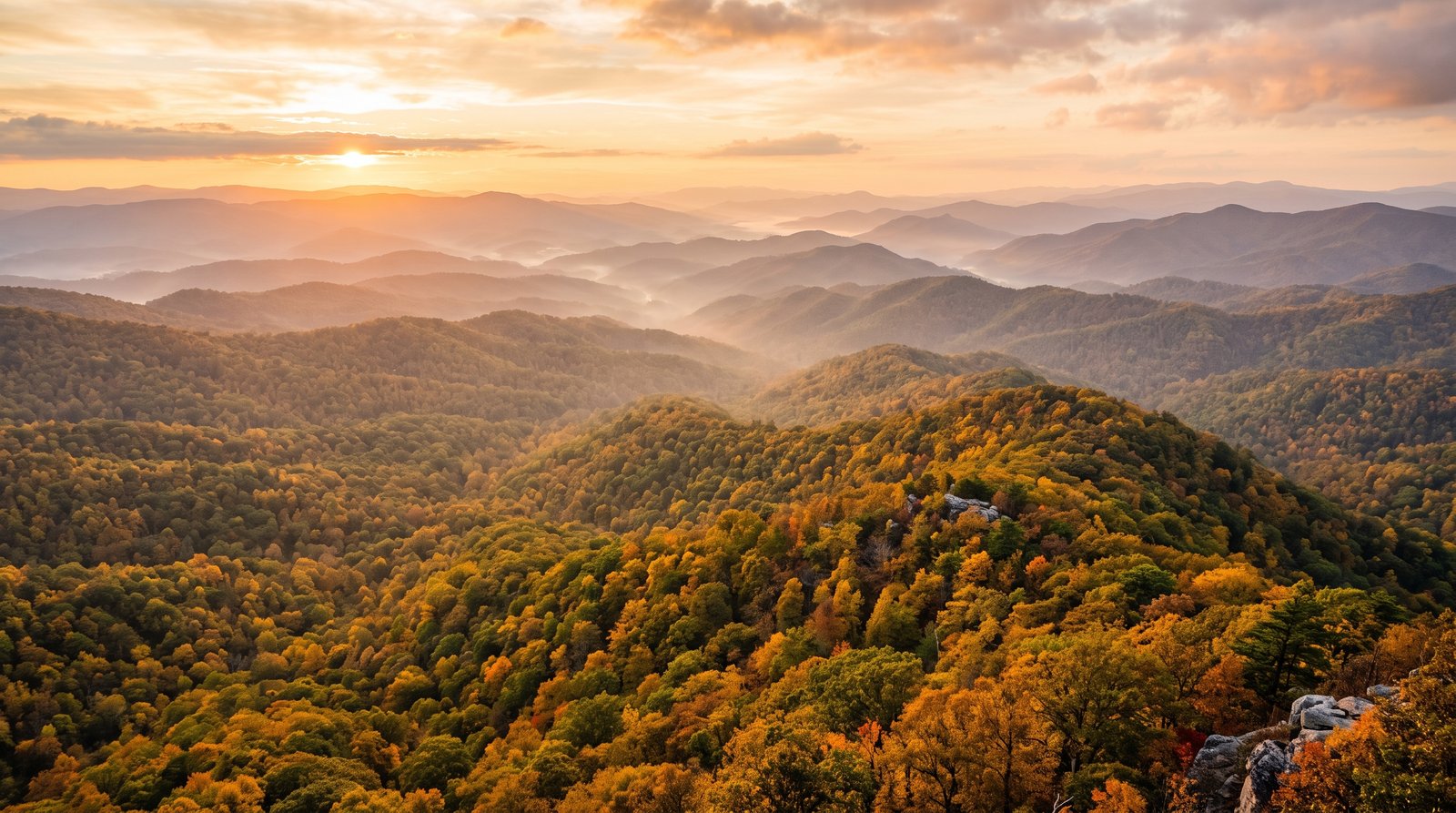 Golden-hour view over the North Georgia Blue Ridge mountains in autumn near Dahlonega