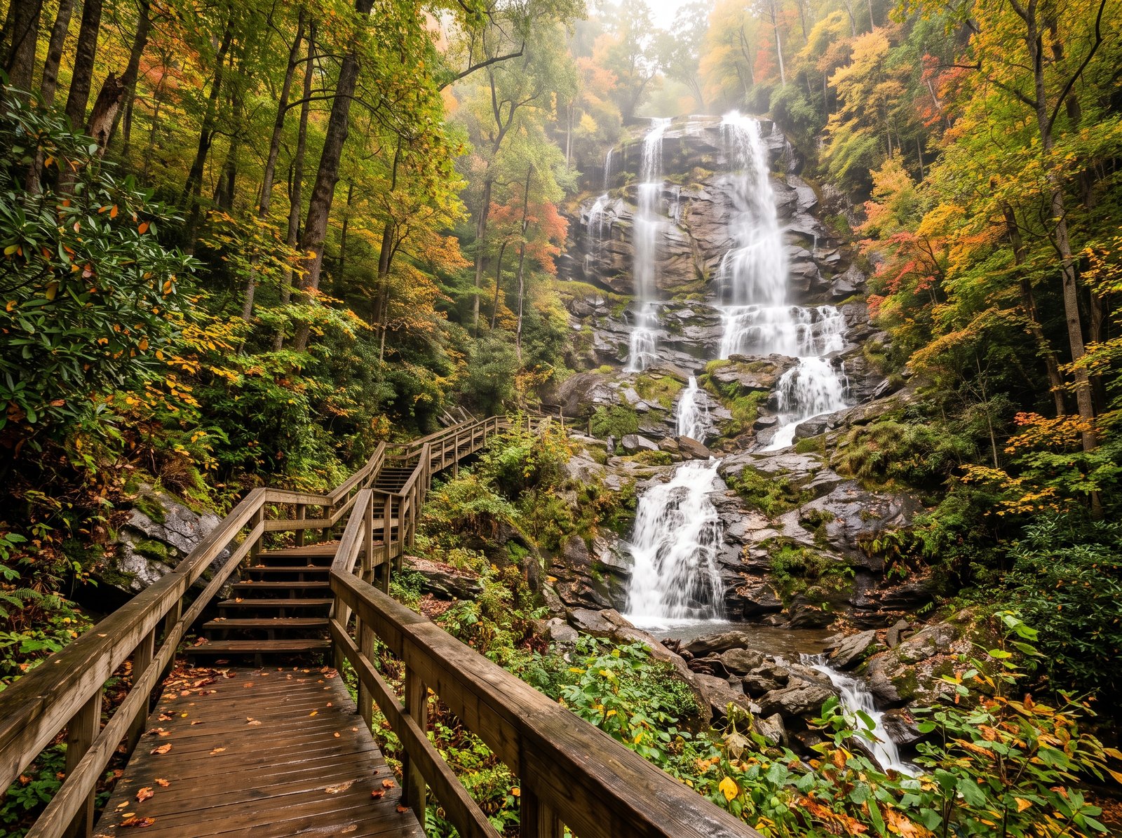 A waterfall and forest hiking trail in the mountains near Dahlonega, Georgia