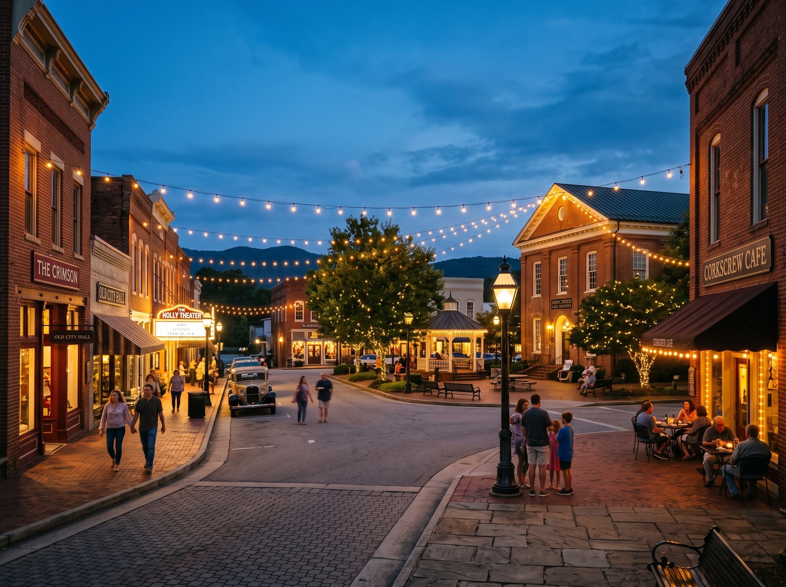 The Dahlonega, Georgia town square at dusk with warm string lights
