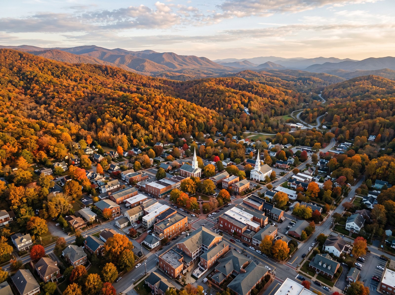 Aerial view of Dahlonega, Georgia nestled in the autumn mountains