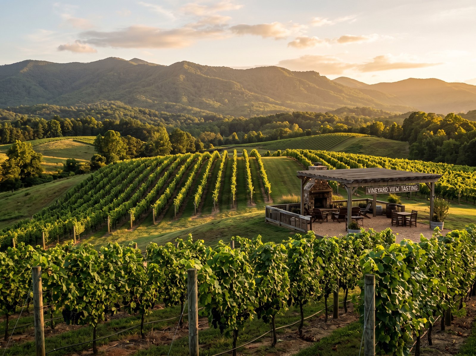 Rows of grapevines at a North Georgia vineyard near Dahlonega at golden hour